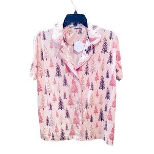 NWT Amanda Blu notched collar button down pajama top short sleeves SZ L pink